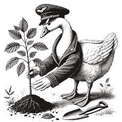 A goose planting a tree