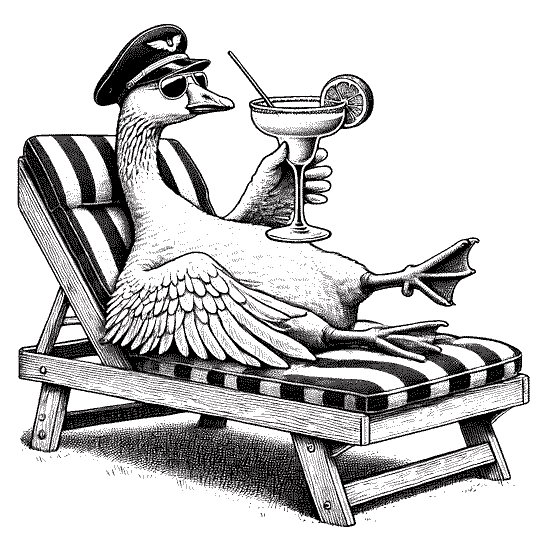 Afbeelding van een gans die relaxed in een stoel zit